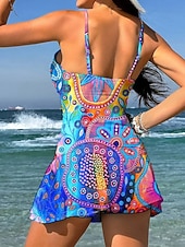 billiga Tankinis-Dam Badkläder En bit Kjol Baddräkt Elegant Semester Grafisk Geometrisk V-hals Ärmlös Baddräkter