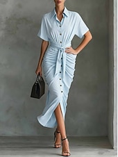 cheap Plain Dress-Women's Midi Dress A Line Dress Summer Dress Vacation Casual Regular Fit Plain Short Sleeve V Neck Blue Pink Red Green Summer Spring