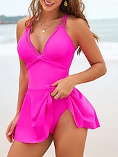 preiswerte Schwimmresse-Damen Badeanzug Einteiler Badeanzugkleid Bademode Bauchkontrolle Hohe Taille Schlank Rückenfrei Urlaub Vintage Einfarbig V Ausschnitt Ärmellos Badeanzüge