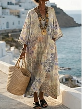 abordables Robes Boho-Femmes Robe maxi Robe d'Été Robe trapèze Vacances Occasionnel Boho Plage Sortir Coupe Ample Fleuri Graphique Géométrique manche longue Col en V Bleu Roi Vert Kaki Beige Été Printemps