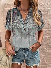 abordables T-shirt Boho-Mujer Camiseta Camiseta superior Botones Estampado Ombre Floral Graphic Bohemia Vintage Manga Corta Escote en Pico Tops largos Diario Noche Fin de semana Azul Piscina Morado Verde Trébol Verano