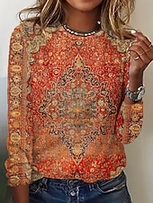 preiswerte Boho-T-Shirt-Damen T Shirt Druck Grafik Paisley-Muster Elegant Mode Lässig Langarm Rundhalsausschnitt Lange Oberteile Täglich Wochenende Orange Sommer Frühling