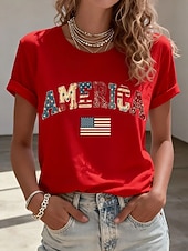  Amerikanischer Unabhängigkeitstag Damen T Shirt Druck Grafik Flagge Stilvoll Klassisch Lässig Kurzarm Rundhalsausschnitt Rundhals Lange Oberteile Täglich Blau Schwarz Weiß Rote Sommer Frühling