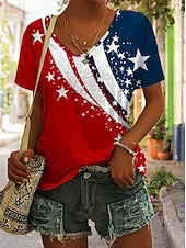  Dia da Independência Camiseta Patriótica Feminina Impressão Gráfica Bandeira Vintage Estilosa Clássica Manga Curta Decote em V Tops Regulares Dia a Dia Preto Branco Azul Marinho Vermelho  Azul Verão