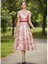 economico Abiti da cocktail-Linea ad A Lunghezza Tè Abito Formale Abiti da Cocktail Elegante Manica Corta Scollo a V Matrimonio Formale Jacquard con Fiocco/Fiocchi