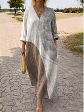economico Abiti da vacanza-Abito Midi da Donna V Collo Maniche Lunghe Kaftan Leggero Comodo A Line Abito Casual Boho Uscita Grafica Geometrica Strisce Maniche Lunghe V Collo Arancione Rosso Nero Giallo Rosa