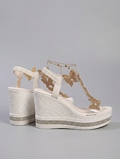 cheap Women-Women's White Butterfly Wedge Sandals - Sparkly Rhinestone Platform Heels for Resort Pool Parties, Tropical Vacations &amp; Summer Glamour