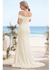 cheap Wedding Dresses-Wedding Dresses A-Line Off Shoulder Short Sleeve Sweep Brush Train Stretch Fabric Bridal Gowns With Ruched Solid Color