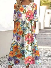 cheap Floral Dress-Women's Midi Dress Casual Dress Floral Dress Elegant Beach Regular Fit Floral Leaf Half Sleeve Crew Neck Blue Orange Khaki Beige Summer Spring