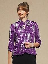  Mulheres Blusa Tops elegantes Tops de noite Paetês Pena Elegante Manga 3/4 Colarinho Mandarim Tops regulares Festa de Noite Traje formal Traje para coquetel Beringela Primavera Outono Inverno