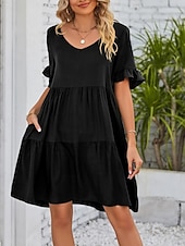 voordelige mini zwarte jurk-Dames Mini-jurk Casual jurk Katoenen jurk Zomerjurk Elegant Modieus Modern Buiten Vakantie Uitgaan Ruim Passend Effen Korte mouw V-hals Zwart Wit Leger Groen Bordeaux Zomer Lente