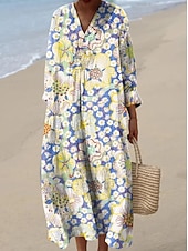 cheap Boho Dress-Women's Maxi Dress Shift Dress Vacation Casual Going out Loose Fit Floral Graphic Long Sleeve V Neck Blue Yellow Orange Light Blue-White Summer Spring