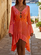 voordelige Strandjurken-Dames Zwemkleding Bedekken Zwemjurk Zwempak Uitknippen Vakantie Strand Kleding Effen Kleur V-hals Lange mouw Badpakken
