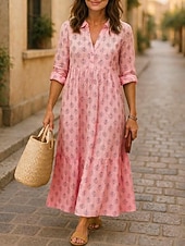 baratos Vestidos Falsos Essenciais-Mulheres Vestido maxi longo Linho de algodão sintético Vestido casual Vestido A Line Moda Moderno Diário Férias Para Noite Normal Folha Manga Longa Colarinho de Camisa Azul Amarelo Claro Branco Rosa