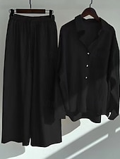 preiswerte Sets-Damen Baumwoll-Leinen Hosen Sets Bolero Oberteil Langarm Hemd Kragen Einfarbig Mode Streetwear Lässig Alltag Draußen Blau Schwarz Weiß Sommer Lockerer Schnitt
