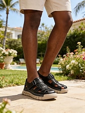 baratos Homens-Sandálias masculinas de couro sintético para uso externo, com design respirável, ideais para férias de verão e passeios casuais.
