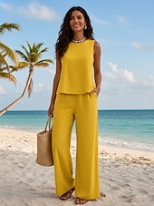 tanie Bluzki damskie garniturowe-Damskie Zestawy spodni Bolerko górne Bez rękawów Okrągły dekolt Jednokolorowe Nadruk Moda Moda miejska Codzienny Na zewnątrz Plaża Żółty Pomarańczowy Khaki Lato Luźna