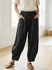 preiswerte Premium-Leinen-Kollektion-Damen-Leinenhose aus 70 % Leinen, weites Bein, Chino-Stil, Sommerhose, Urlaubshose, Streetwear, Basic, lange Länge, mittlere Bundhöhe, schlicht, Tasche, elastischer Bund, bequem, komfortabel, nicht elastisch, für Alltag, Outdoor, Straße, Bordeauxrot, Azur