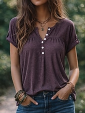 economico T-shirt semplice-Per donna Maglietta Bottoni Semplice Moda Elegante Classico Manica Corta Scollo a V Top lunghi Quotidiano Uscire Weekend Blu Nero Viola Verde Caffè Estate Primavera