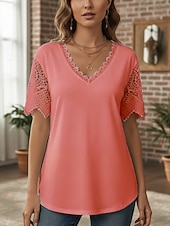 preiswerte Spitzenoberteile-Damen Hemd Bluse Spitzentops Patchwork Spitzenbesatz Einfach Bohemien Stilvoll Lässig Kurzarm V Ausschnitt Normale Oberteile Täglich Ferien Ausgehen Weiß Rosa Purpur Leicht Blau Sommer Frühling