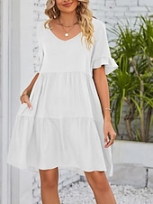 voordelige mini zwarte jurk-Dames Mini-jurk Casual jurk Katoenen jurk Zomerjurk Elegant Modieus Modern Buiten Vakantie Uitgaan Ruim Passend Effen Korte mouw V-hals Zwart Wit Leger Groen Bordeaux Zomer Lente