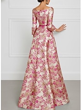  A-linje Gulvlengde Kveldskjoler Elegant Blomster Pastell 3/4 ermer Firkantet hals Bryllup Formell Jacquard med Sløyfe(r) Spalte