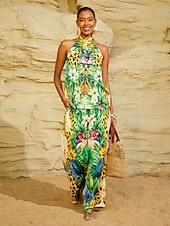 preiswerte weites Bein und hohe Taille-Tropical Temptation Seidensatin-Leopardenhose