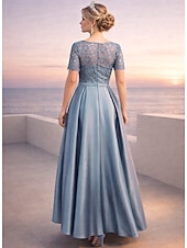 abordables Longitud a la altura del tobillo-Corte A Hasta el Suelo Vestido de Fiesta Vestido Cóctel Vestido Invitada Boda Vestido de Madrina Manga Corta Escote Barco Elegante Sencillo Minimalista Formal Invitado a la boda Satén con Encaje