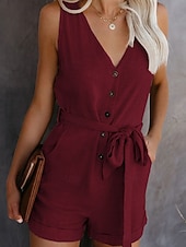 baratos macacões casuais-Mulheres Macacão Ativo Côr Sólida Sem Manga Shorts largos Decote V Com Cordão Bolsos Diário Férias Normal Preto Branco Vinho Verão