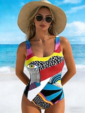 Недорогие Монокини-Жен. Купальники Один кусочек Высокий вырез купальник Одежда для пляжа лето Графика Геометрический принт U-образный вырез Без рукавов Купальники