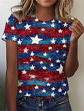  Uavhengighetsdag Patriotisk Dame T-skjorte Trykk Grafikk Flag Motebasert Klassisk Casual Kortermet Crew Neck Rund Hals Regulære Topp Daglig Blå Marineblå Rød  Blå Sommer Vår