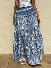 preiswerte Urlaubsröcke-Damen Urlaubsrock Bohemien Vintage Lässig Maxi Hohe Taille Röcke Blumen Druck Mikroelastisch Täglich Straße Blau Sommer