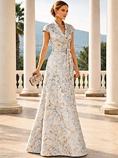  Corte A Hasta el Suelo Vestido Invitada Boda Vestido formal Vestido de noche Vestido de Madrina Manga Corta Diseño Elegante Vintage Boda Formal Jacquard con Lazo(s) Bolsillo