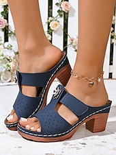 preiswerte Absatzsandalen-Women's Navy Blue Breathable Block Heel Sandals with Floral Detail - Casual and Comfortable Open-Toe Heeled Shoes for Work, Office, Travel, Shopping &amp; Daily Wear