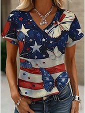  Giorno dell'Indipendenza Americana Per donna Maglietta Stampato Grafico Bandiera Bandiera Americana Vintage Elegante Classico Manica Corta Scollo a V Top Regolari Quotidiano Indaco Bianco Blu marino