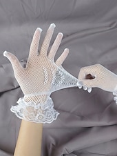 baratos Casamento ACC-Luvas femininas de poliéster com renda e efeito rede, pretas e brancas, respiráveis e elásticas, perfeitas para noivas, elegantes luvas vintage transparentes para casamentos, bailes de formatura, eventos noturnos e ocasiões formais.