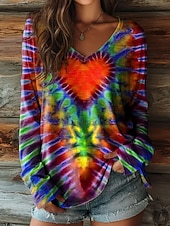 preiswerte Kunst &amp; Design T-Shirt-Damen T Shirt Druck Herz Grafik Batik Bohemien Vintage Ethnisch Langarm V Ausschnitt Normale Oberteile Täglich Blau Gelb Rote Purpur Grün Sommer Frühling Herbst