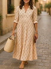 baratos Vestidos Falsos Essenciais-Mulheres Vestido maxi longo Linho de algodão sintético Vestido casual Vestido A Line Moda Moderno Diário Férias Para Noite Normal Folha Manga Longa Colarinho de Camisa Azul Amarelo Claro Branco Rosa