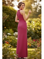 cheap Long Dresses &amp; Gowns-Sheath Column Floor Length Wedding Guest Dress Formal Dresses Evening Gown Prom Dresses Elegant Sleeveless Halter Neck Prom Formal Stretch Fabric with Embroidered Flower