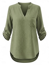 economico Camicie di Lusso-Per donna Camicie di cotone e lino Top estivi Blusa Top Eleganti Arricciato Patchwork Tasca Tinta unica Semplice Elegante Vintage Signore Manica 3/4 Colletto a Camicia Top Regolari Quotidiano Lavoro