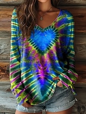preiswerte Kunst &amp; Design T-Shirt-Damen T Shirt Druck Herz Grafik Batik Bohemien Vintage Ethnisch Langarm V Ausschnitt Normale Oberteile Täglich Blau Gelb Rote Purpur Grün Sommer Frühling Herbst