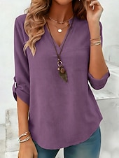 billiga Lyxiga skjortor-Dam Skjorta Linneskjortor i bomull Casual skjorta Blus Slät Stylish Klassisk Modern Långärmad V-hals Vanliga toppar Dagligen Helgdag Utekväll Blå Gul Purpur Grön Kaki Vår Höst