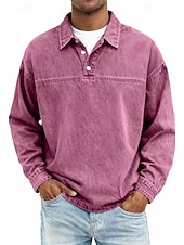 preiswerte Klassisches Poloshirt für Herren-Herren Jeanshemd Baumwoll-Poloshirt Lässig Urlaub Klassisch Langarm Mode Basic Einfarbig Einfach Vintage-Stil Gewaschen Frühling Winter Frühling &amp; Herbst Normale Passform Schwarz Hellgrün Rosa