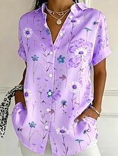 Χαμηλού Κόστους Λουλουδάτες μπλούζες-Γυναικεία Πουκάμισο Κουμπιά Στάμπα Φλοράλ Γραφική Βίντατζ Στυλάτο Μοντέρνα Κοντομάνικο Κολάρο Πουκαμίσου Κανονικά μπλουζάκια Καθημερινά Θαλασσί Κίτρινο Ανθισμένο Ροζ Βυσσινί Πράσινο του τριφυλλιού