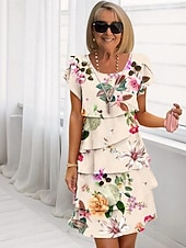 billiga Chiffongklänningar-Dam Midiklänning Sommarklänning Klänning med tryck Elegant Dagligen Normal Blommig Geometrisk Kortärmad Rund hals Ljusgul Ljusrosa Ljusrosa Dammig ros Sommar