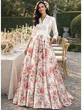 preiswerte Bodenlänge-A-Linie Bodenlang Kleid für Hochzeitsgäste Abendkleid Brautmutterkleid Dreiviertelarm Hemdkragen Elegant Hoher Schlitz Formell Satin mit Knöpfe