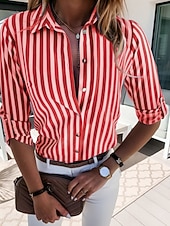 abordables Blusas a rayas y geométricas-Mujer Blusa Botones Estampado A Rayas Elegante Casual Manga Larga Cuello Camisero Tops regulares Diario Azul Piscina Negro Rojo Verano Primavera Otoño