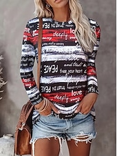 economico Maglietta di Umorismo &amp; Citazioni-Per donna Maglietta Stampato Grafico A righe Lettera Vintage Moda Elegante Manica Lunga Girocollo Top Regolari Quotidiano Nero Rosso Estate Primavera Autunno