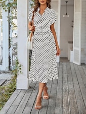 preiswerte Streifen- und geometrische Kleider-Damen Midikleid A Linie Kleid Urlaub Lässig Outdoor Ausgehen Normale Passform Tupfen Kurzarm Umlegekragen Blau Marineblau Weiß Rosa Sommer Frühling