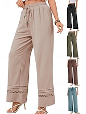 cheap Wide Leg &amp; High Waisted-Women's Wide Leg Trousers Casual Pants Vacation Fashion Streetwear Full Length High Waist Plain Lace Elastic Waist Comfortable Breathable Inelastic Daily Vacation Street Black Almond Military Green